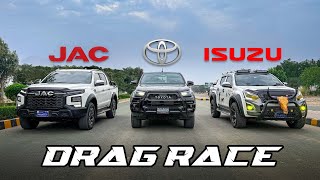 JAC T9 vs Toyota Revo GR vs Isuzu DMax Drag Race  Which Pickup Rules the Road  PakWheels [upl. by Nad]