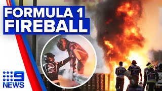 F1 driver miraculously survives fireball crash  9 News Australia [upl. by Ettenyar]