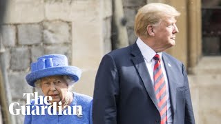 The Queen shows Donald Trump where to walk during the inspection of the guard at Windsor Castle [upl. by Carin647]