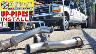 2001 F350 73  RiffRaff UpPipes Install  Stock up pipes leaking and falling apart JUNK SP [upl. by Sikram]