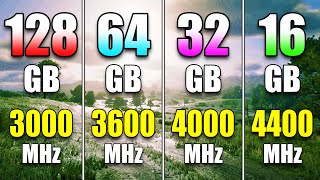 128GB 3000MHz vs 64GB 3600MHz vs 32GB 4000MHz vs 16GB 4400MHz  RAM Test in PC Gaming [upl. by Adella]