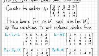 Linear Algebra Example Problems  Matrix Null Space Basis and Dimension [upl. by Ramilahs]